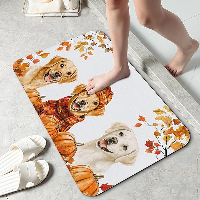 Cute Dog Bathroom Rug 29.5"x17", Super Absorbent Fast Drying Bath Mat with Non-Slip Rubber Backing, Thin Low-Profile Easy-Clean Bathroom Floor Mat for Shower or Tub