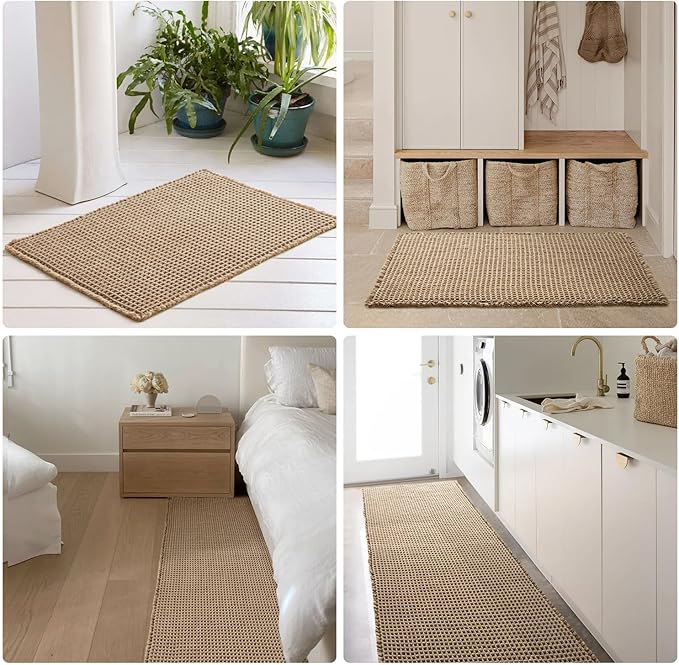Waffle Runner Rug Bathroom, Long Boho Bathroom Rugs Non Slip Washable Super Absorbent Quick Dry Farmhouse Bath Decor, 72"x24" Beige