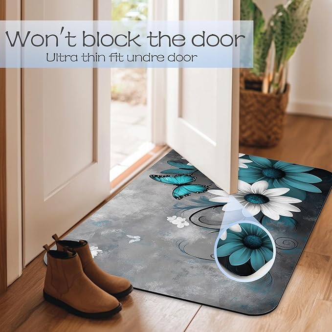 Abstract Blue Daisy Bathroom Rug 29.5"x17", Butterfly Bath Mat with Non-Slip Rubber Backing, Quick-Drying Absorbent Thin Floor Mat for Bathroom, Shower, Sink, or Kitchen