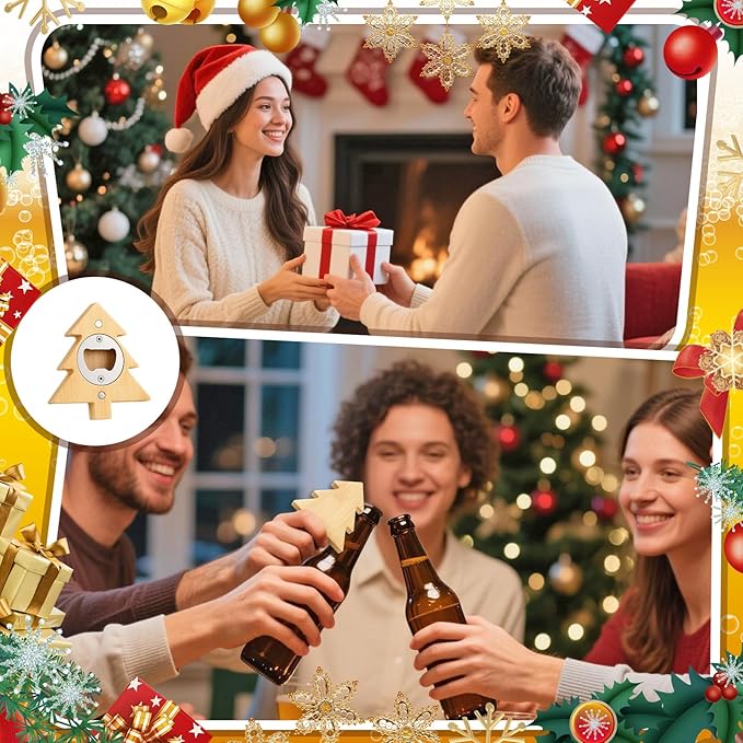 Vesici 12 Pcs Magnetic Bottle Opener 2.5in DIY Bamboo Christmas Tree Shape Beer Openers Wooden Fridge Magnet Refrigerator Sticker Gift for Beer Lover Wedding Guest Kitchens Bars Parties