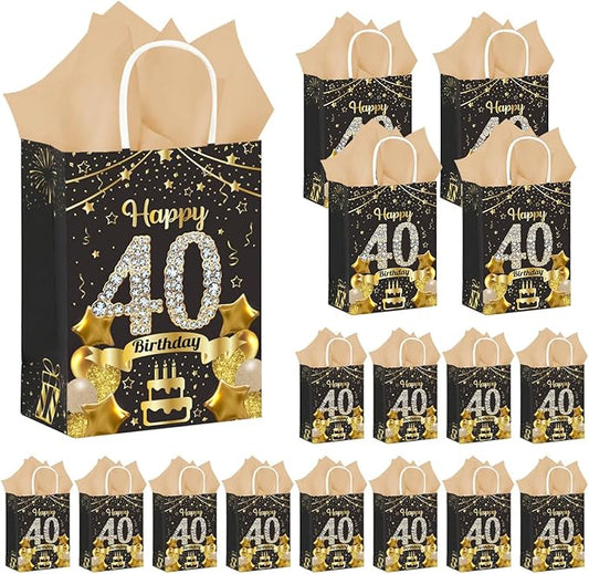 50Pcs 40th Birthday Party Favors Gift Bags Bulk, Black and Gold Happy 40th Gift Candy Wrap Bags with Tissue Paper, Vintage 40th Birthday Decorations Souvenir Bag for Men Women Anniversary Supplies (40th)