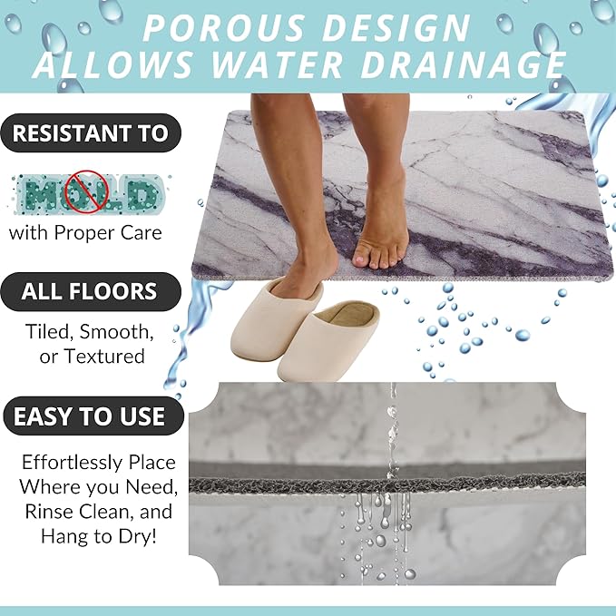 Enkosi Loofah Non-Slip Shower Mat - Shower Floors, Bathtub, Bathrooms, Wet Areas - Cushioned Bath Mat with Drain Holes - Quick Dry PVC, Secure Safety Pad Without Suction Cups (32x24 Marble Grey Blue)
