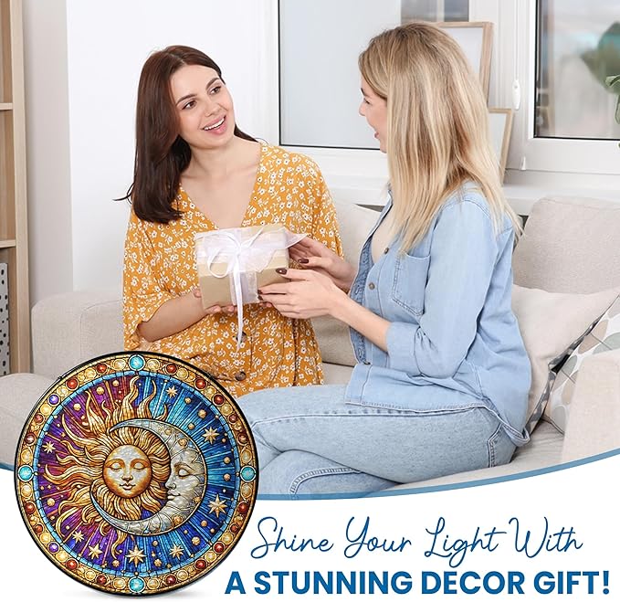 FLAGWIX Spiritual Gifts for Women Men - Stained Glass Window Hanging 8 in for Sun and Moon Decor - Sun Catchers Indoor Window, Boho Suncatchers for Celestial Decor
