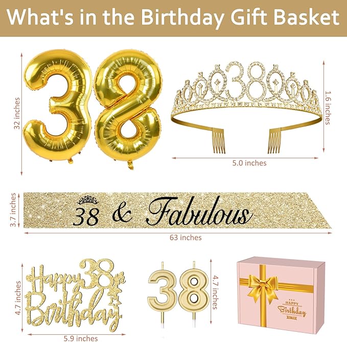 38th Birthday Decorations for Women Gold with 38th Birthday Sash and Tiara, Cake Topper and Candles, Number Balloons, 38 Year Old Gifts for Women
