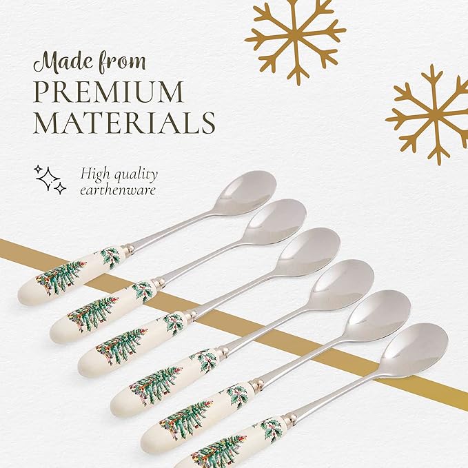 Spode Christmas Tree Teaspoons – Set of 6, Holiday Silverware for Desserts & Beverages, Stainless Steel Flatware with Porcelain Handles, 6-Inch Festive Dessert Spoons, Gift-Boxed
