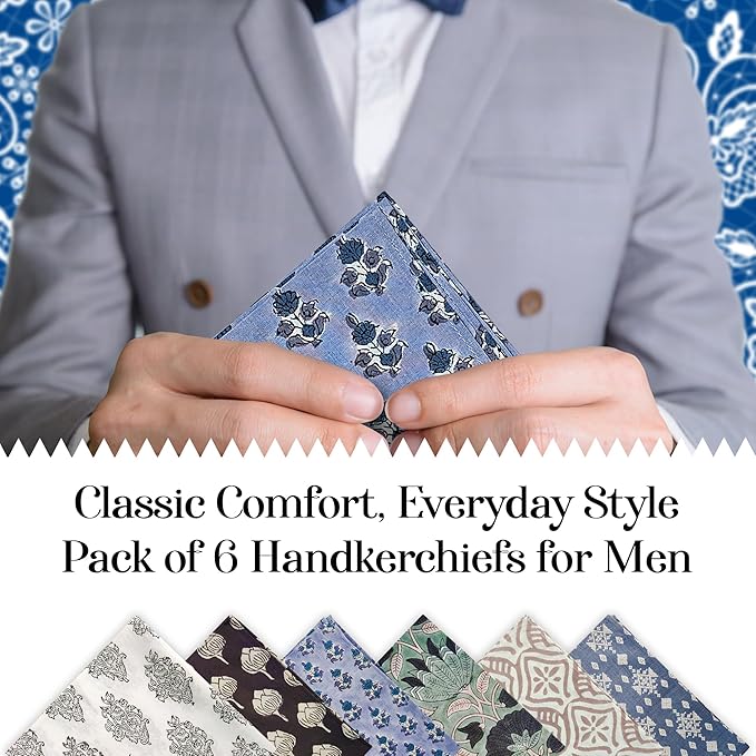 AVKA Studio Men's Handkerchiefs – 100% Cotton, 16x16 Soft Handcrafted Hankies for Men – Sweat Absorbing, Machine Washable, Thin & Lightweight - pack of 6