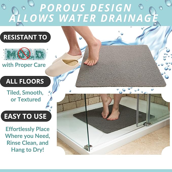 Enkosi Loofah Shower Mat Non Slip – Square Anti Slip Bath Mat for Inside Showers, Bathtub, Tub, Bathroom - Grey, Cushioned, Quick Dry PVC, with Drain Holes - Secure Grip Safety Pad (Grey 24x24)