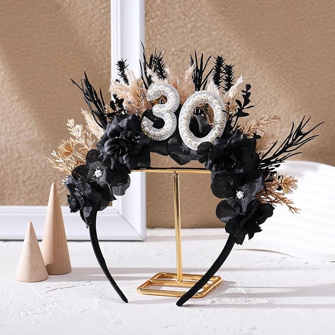 Flower Black Birthday Headband - Dark Happy Birthday Crown and Sash Set for Women Fabulous Party Accessories