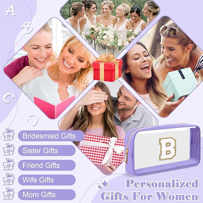 Personalized Initial Letter Clear Makeup Bag,Preppy Small Nylon&PVC Cosmetic Zipper Bag with Chenille Letter,Travel Skincare Toiletry Bag,Monogram Christmas Gift for Teen Girls Women,B