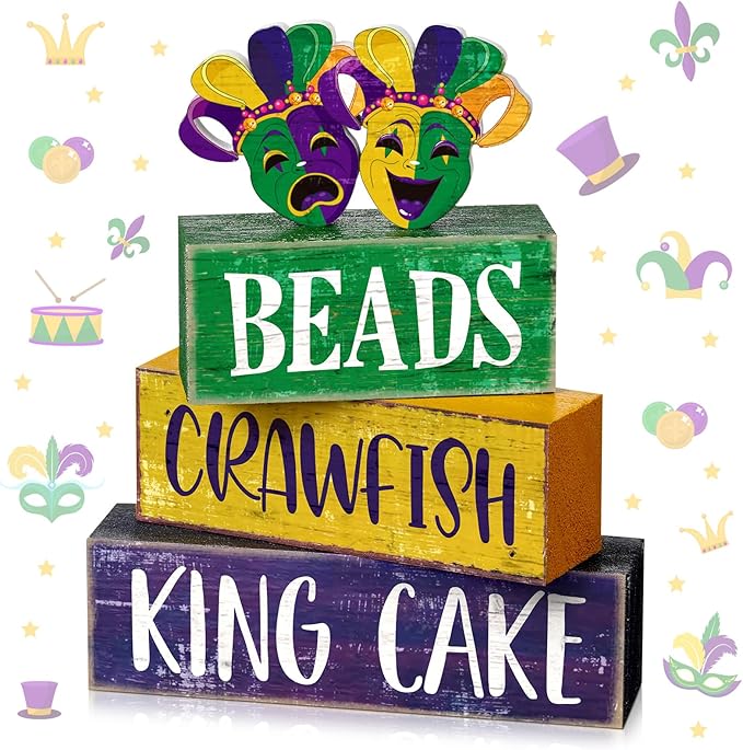 4 Pcs Mardi Gras Decorations Mardi Gras Faux Stacked Books Wooden Sign Book Stack for Kitchen Dining Table Tiered Tray Fireplace Mantel Home Decor