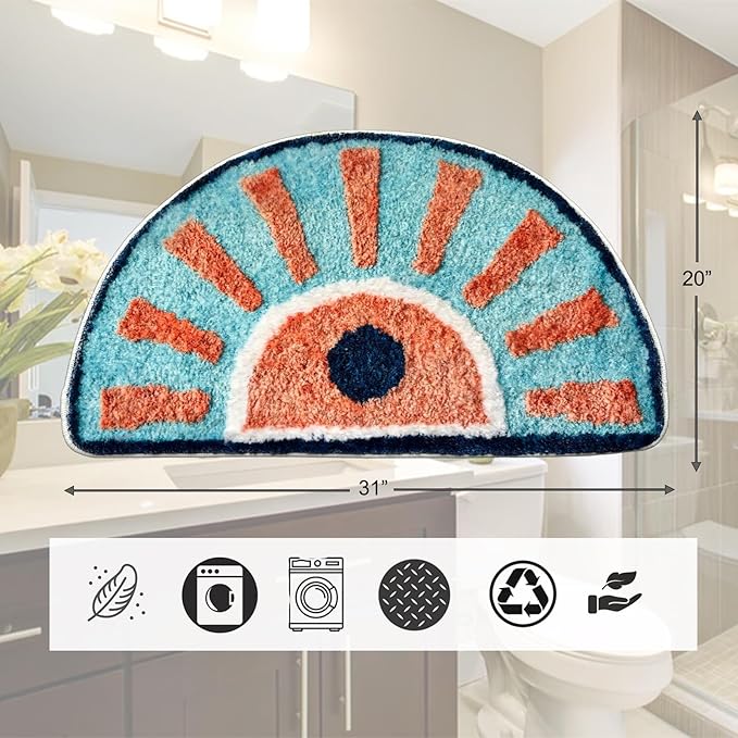Washable Cute Bath Mat for Bathroom,31x20 Half Circle Non-Slip Small Bath Rugs, Absorbent Quick Dry Bath Mats, Plush Carpet for Bathtub, Boho Farmhouse Decor (Blue Sunshine)