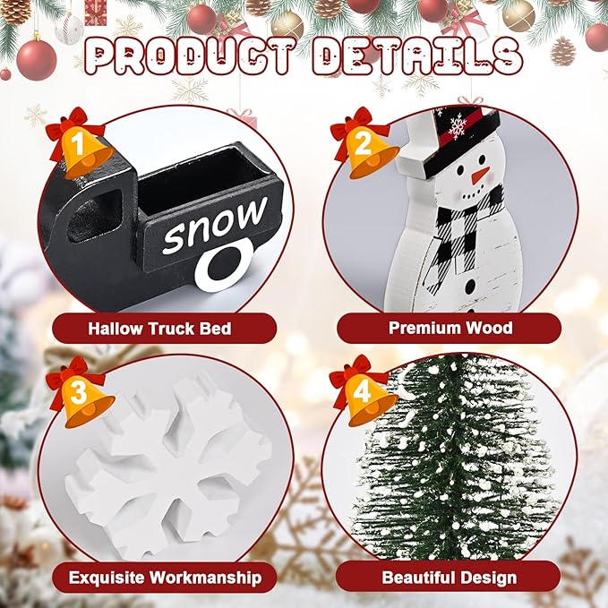 Yinhua Christmas Decorations Indoor, Christmas Table Decor, Black Truck Snowman Decorations with Xmas Tree & Snowflakes, Farmhouse Wooden Block Sign, Xmas Mantel Decor for Tiered Tray, Desk, Bookshelf