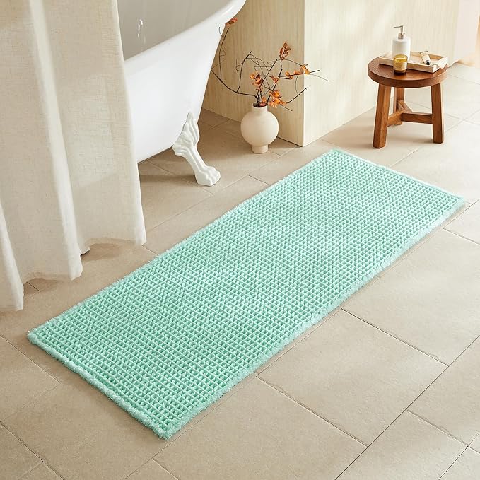 Waffle Runner Rug Bathroom, Long Boho Bathroom Rugs Non Slip Washable Super Absorbent Quick Dry Cute Bath Mat Farmhouse Bath Decor, 60"x24" Aqua Blue