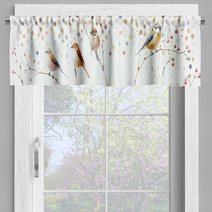 Ambesonne Birds and Nature Window Valance, Aquarelle Look Wingy Animals on Branches Polka Dot Back Fall, Curtain Valance for Kitchen Bedroom Decor with Rod Pocket, 54" X 12", Pastel Brown Purpleblue