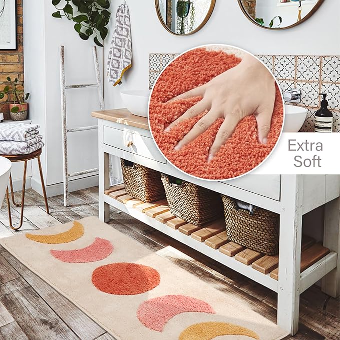 Boho Moon Bathroom Runner Rugs - Gradient Moon Phases Bath Mat,Non Slip Half Moon Witch Rugs,Bohemian Witchy Hippie Bathroom Decor, Long Runner Rug for Bedroom Hallway,Neutral Creamy 50"x20"