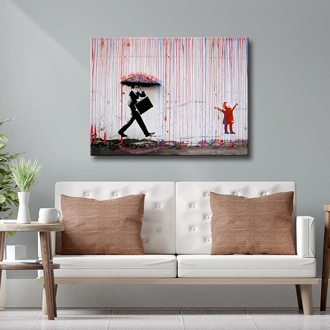 Wieco Art Large Banksy Raining Day or Colorful Graffiti Street Famous Canvas Prints Wall Art Modern Inspirational Grey Love Pictures Print Artwork for Kitchen Home Office Decor