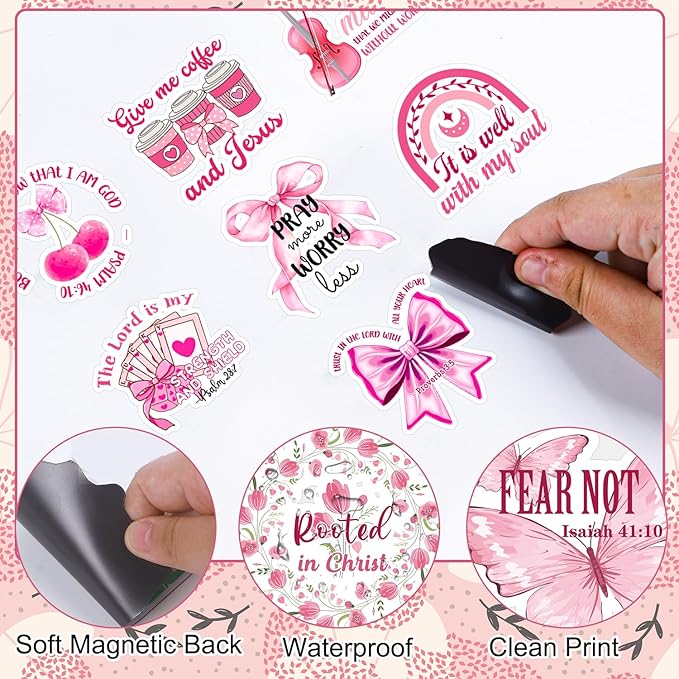 Pink Inspirational Fridge Magnet Stickers - 24 Pcs Pink Bow Refrigerator Magnet Inspirational Bible Christian Refrigerator Stickers for Home Kitchen Office Cruise Door Decor Christian Gifts