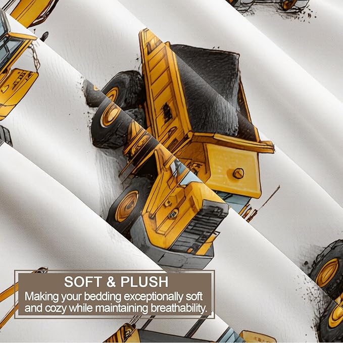 Construction Vehicles Duvet Cover Queen Size Tractor Excavator Dump Truck Bedding Set Boys’ Construction Vehicle Comforter Set Cartoon Mechanical Car Quilt Cover with Pillowcases for Bedroom