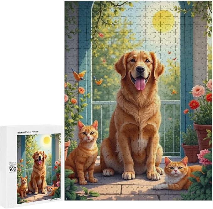 Puzzles for Adults 500 Pieces Wooden Jigsaw Puzzle - Garden Golden Retriever Theme Puzzle，Party Games，Family Toys，Educational Puzzles，Stress Relief Wooden Puzzle，Gifts for Family and Friends