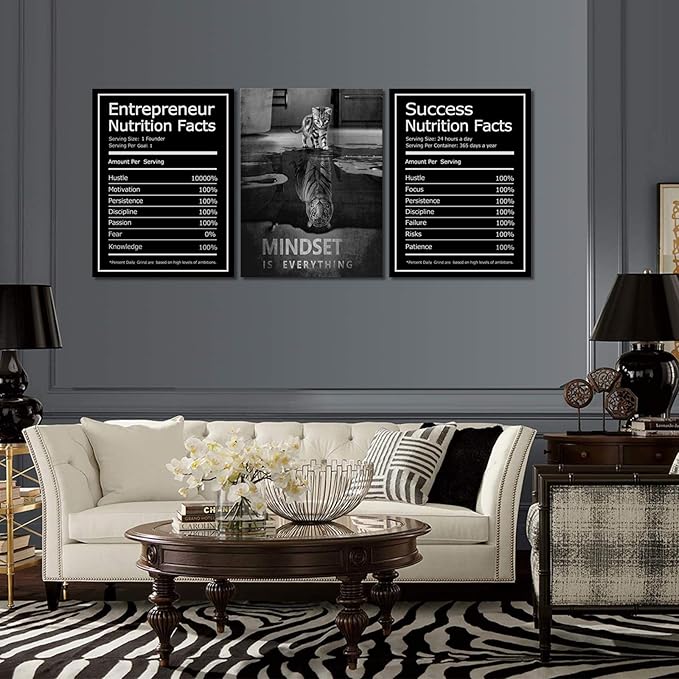 Mindset is Everything Wall Art Motivational Canvas Painting Wall Art Poster Prints Entrepreneur Bundle Set 3 Pieces Success Nutrition Facts (48" W x 24" H, Mindset)