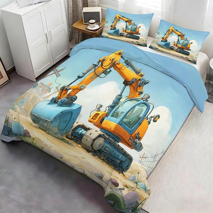 Cartoon Excavator Bedding Set Queen Size Kids Construction Vehicle Duvet Cover Engineering Vehicle Comforter Cover Construction Machinery Bed Set Soft Microfiber for Bedroom