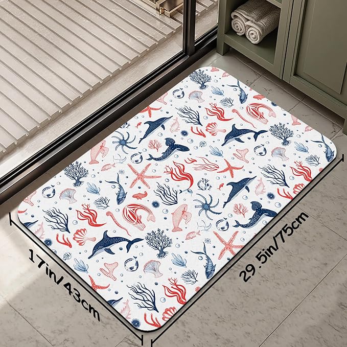 Cartoon Dolphin Bathroom Rug 29.5"x17",Shells Corals Quick-Drying Super Absorbent Diatomite Bath Mat with Non-Slip Backing, Thin Washable Bathroom Floor Mat Fits Under Door for Shower, Sink, or Tub