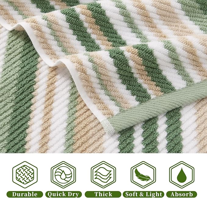 Green Bath Towels Set of 4, 28"x52" - 100% Cotton | Quick Dry | Soft | Absorbent | Lightweight, Striped Bath Towels for Bathroom & Guest, Stripe Shower Towel with Hanging Loop, Sage and Beige Stripes