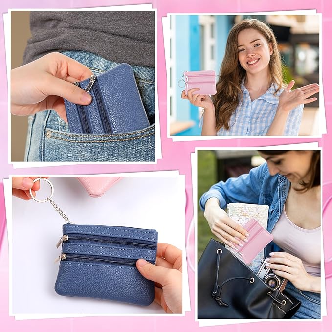 3 PCS Coin Purse Pouch Change Card Holder Wallet Mini Zipper Pouch with Keychain for Women and Men (Black, Blue, Pink)
