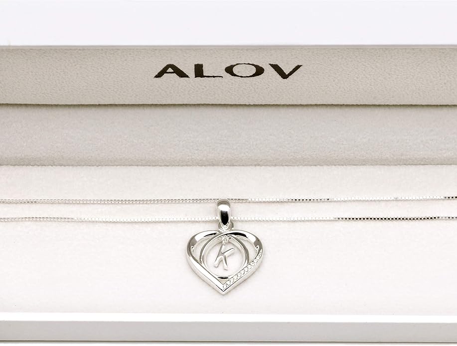 ALOV Jewelry Sterling Silver Initial Letter Alphabet Love Heart Cubic Zirconia Pendant Necklace