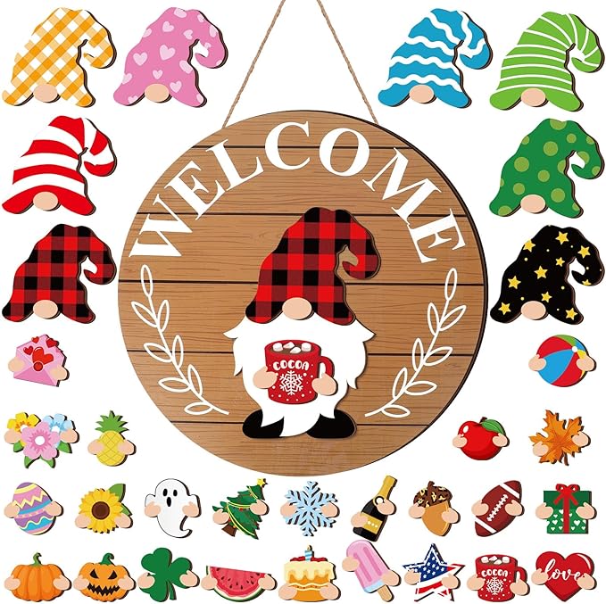 Qunclay Interchangeable Wooden Gnome Decor Holiday Seasonal Gnome Decorations with Magnet Pieces and Detachable Hats Changeable Welcome Sign for Home(Simple Style)