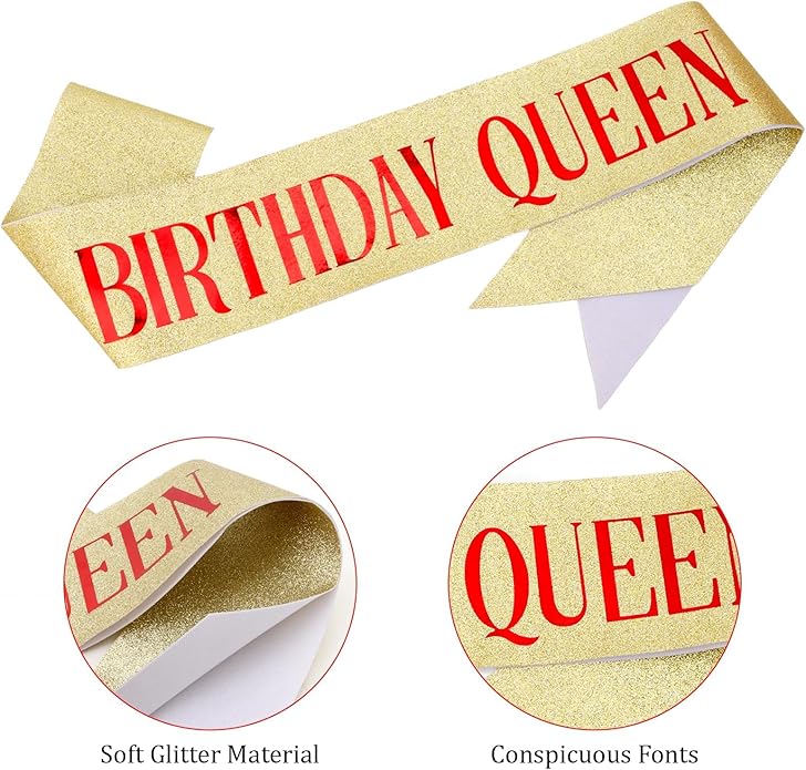 Red and Gold Birthday Queen Crown for Women Prom Queen Sash and Tiara Set Birthday Queen Sash and Crown Set for Women Red Rhinestone for Party Hair Accessories