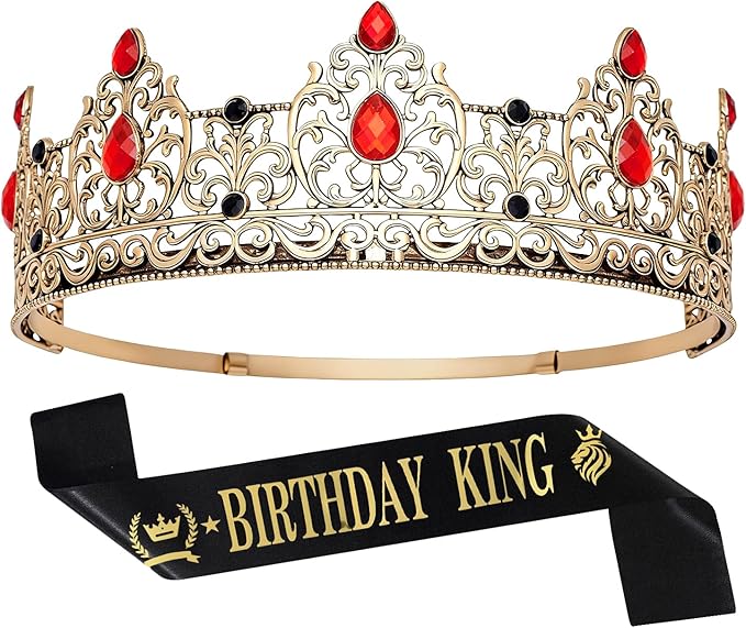King Crown & Birthday Sash for Birthday Prom Party, Prom Decoration Gifts for Men, Costume Wedding Halloween