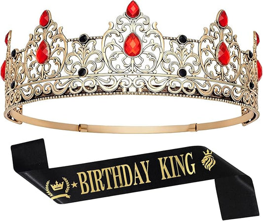 King Crown & Birthday Sash for Birthday Prom Party, Prom Decoration Gifts for Men, Costume Wedding Halloween