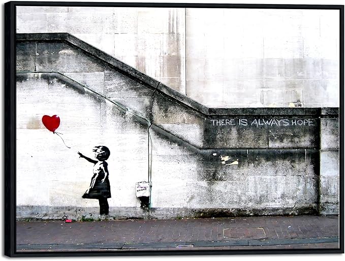 Wieco Art Framed Canvas Wall Art Giclee Canvas Prints of Banksy Grafitti Girl with Red Balloon Abstract Artwork for Wall Decor Home Decorations Black Frame BANKSY-1-6080-BF