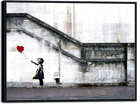 Wieco Art Framed Canvas Wall Art Giclee Canvas Prints of Banksy Grafitti Girl with Red Balloon Abstract Artwork for Wall Decor Home Decorations Black Frame BANKSY-1-6080-BF