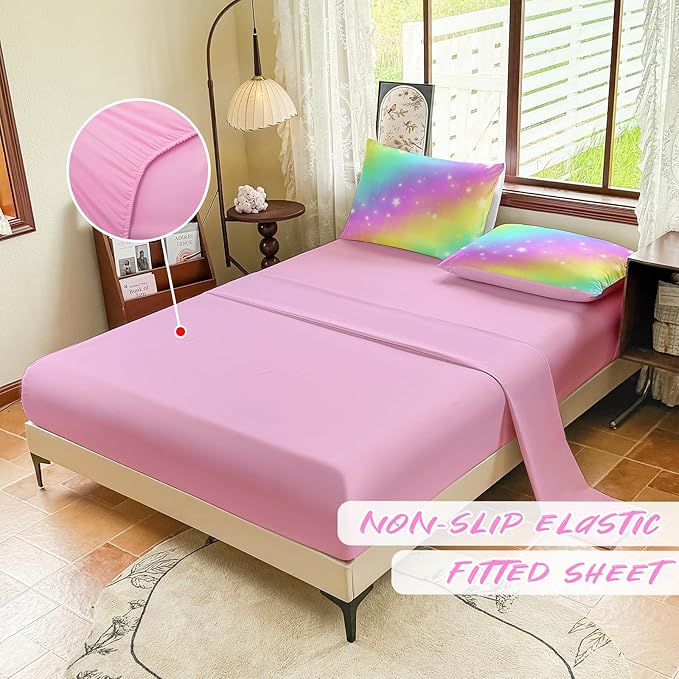 Rainbow Bedding Set Full Size – 5 Piece Reversible Girls Comforter with Deep-Pocket Sheet, Gradient Galaxy Design, Whole-Piece Filling, Machine Washable Bed-in-a-Bag for Kids Room Makeover & Gifts
