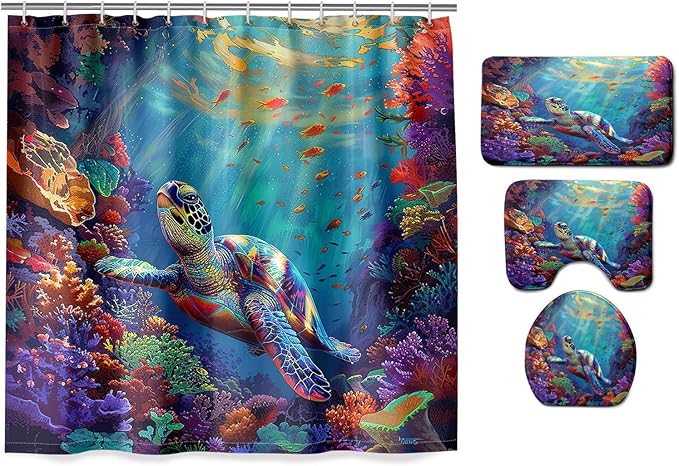 4 Pcs Ocean Themed Shower Curtain - Sea Turtle Shower Curtain Set Ocean Shower Curtain for Bathroom Sea Turtle Shower Curtain Set with Rug,Toilet Cover and Bath Mat with 12 Hooks