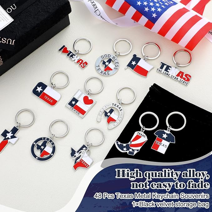 Tondiamo 48 Pcs Texas Metal Keychain Gifts Bulk with Black Velet Storage Bag Texas Souvenirs Lone Star State Map Shaped Keychain God Bless Boot Keyring Gifts