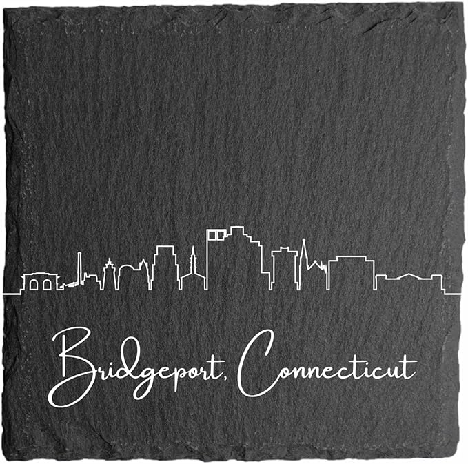 Blue Ridge Mountain Gifts - Bridgeport CT Skyline Coasters, Set of 4 - Bridgeport Connecticut Souvenir, Slate Coasters with Minimalist Skyline, Housewarming Gift for Friends, Family, & Neighbors