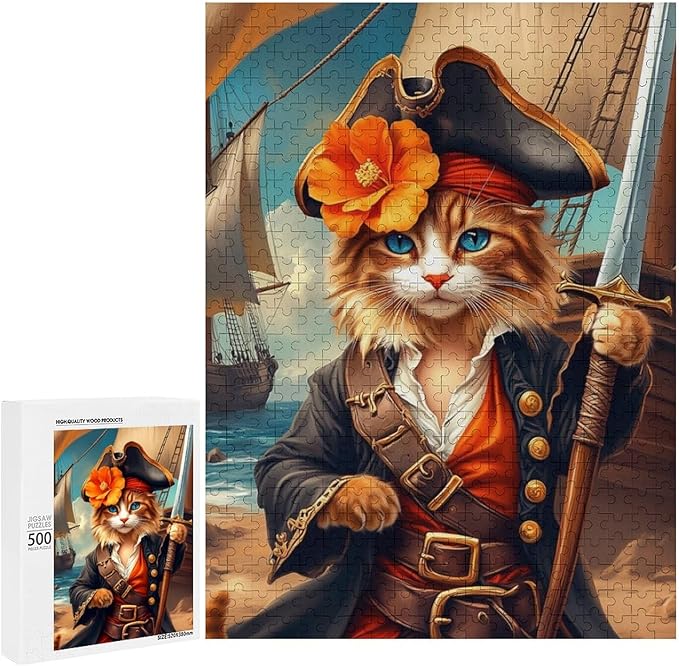 Wooden Puzzle - Classic Pirate Cat Leader Jigsaw Puzzles，Wooden Puzzles for Adults 500 Pieces Challenge Puzzles，Educational Games，Family Puzzles，Unique Gifts for Wall Art