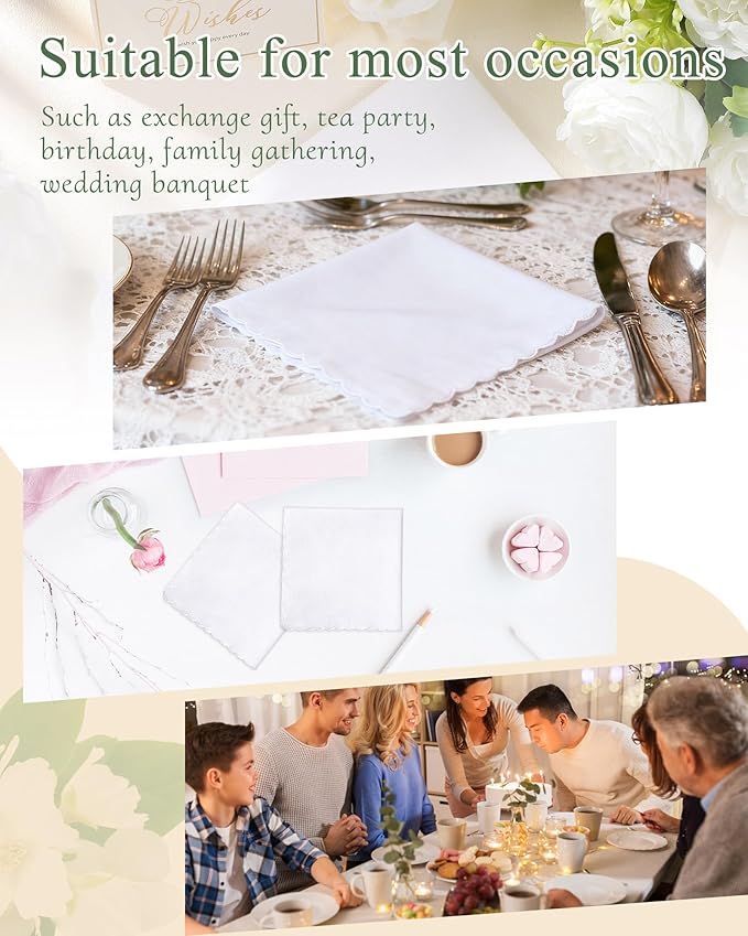 Kinlop Scalloped White Handkerchiefs for Women Men Bulk Cotton Hankies Pocket for Shower Gift Wedding Party Favor