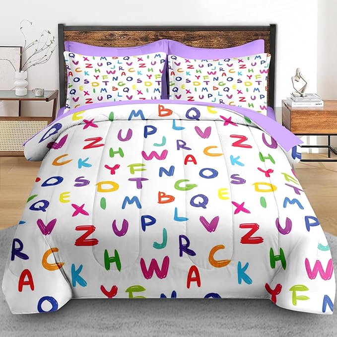 Comforter Set Full Size, Kids Colorful Alphabet 7 Pcs Bedding for Kids and Adults, Multicolored English Preschool Bed Sheet Sets with Fitted Sheet 2 Pillowcases & 2 Shams for Bedroom Bed Decor