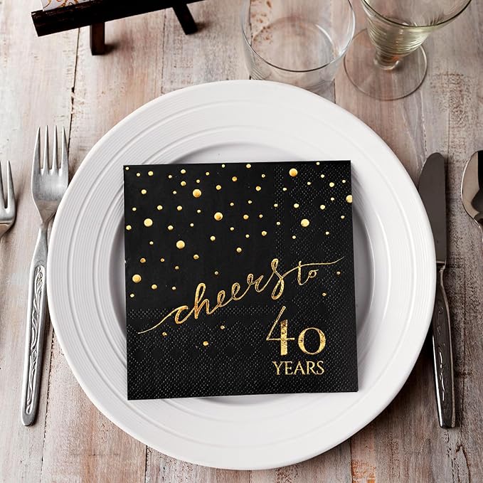 100 Pack of 40th Birthday Napkins, Cheers to 40 Cocktail 5x5 Inches Party Paper Napkins for Birthday Decorations Wedding Anniversary Black and Gold, 3-Ply
