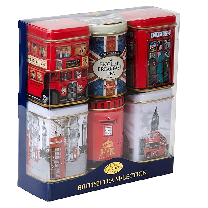 New English Teas British Icons 6x Tea Tin Gift Pack with 5 oz Loose English Tea - Union Jack, London Bus and Phone Box, UK Souvenir