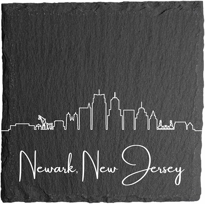 Blue Ridge Mountain Gifts - Newark NJ Skyline Coasters, Set of 4 - Newark New Jersey Souvenir, Slate Coasters with Minimalist Skyline, Housewarming Gift for Friends, Family, & Neighbors