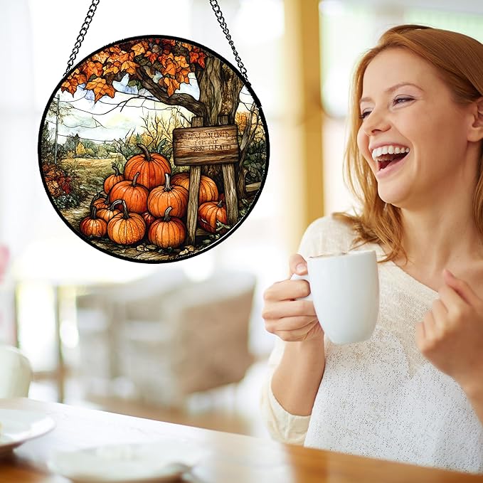 Stained Glass Window Hanging Fall Farm Scenery Maple Trees Pumpkin 7.8" - Suncatcher Door Garden Kitchen Sun Catcher Autumn Decor Birthday for Mom Nana Men Woman Friend