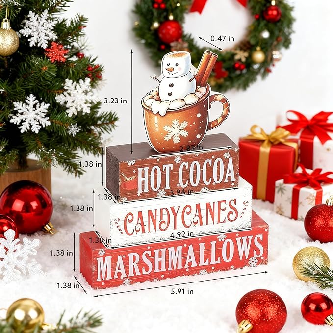 4 Pieces Christmas Hot Cocoa Wooden Table Decorations, Rustic Wooden Blocks and Cocoa Sign for Tiered Tray, Tabletop Centerpieces, Desk, Kitchen, Shelf Decor, Holiday Gift Idea