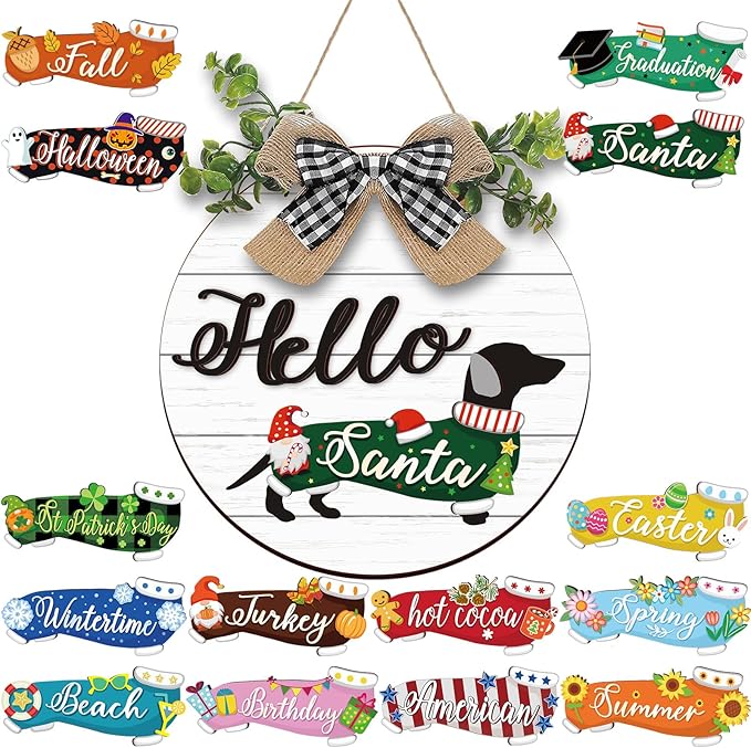Glenmal 16 Pcs Seasonal Dachshund Door Decor for All Season and Holiday Hanging Cute Christmas Dachshund Welcome Sign Rustic Wooden Farmhouse Front Door Signs Outdoor(White)