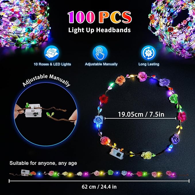 Valentines Day Gifts, 100 PCS New Year LED Flower Crowns Headbands, Light Up Flower Crowns For Women, Glow in the Dark Headband for Wedding Reception Birthday Mardi Gras Cosplay Princess Party Favors