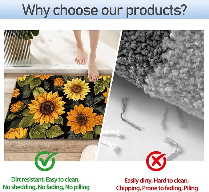 Retro Sunflowers Fast Drying Absorbent Bathroom Mat, Non-Slip Rubber Backing Thin Low-Profile Bath Rug, Easy-Clean Bathroom Floor Mat for Shower, Bathtub, Kitchen, or Entryway